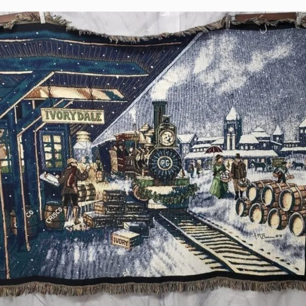 Vintage Northwest Company Ivorydale Blanket P&G Train Station Christmas Holiday